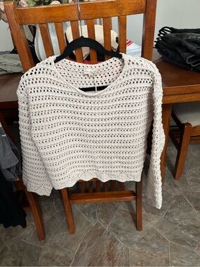 Hem and thread Crochet Open-Knit Cream Sweater - Women's Lightweight Pullover